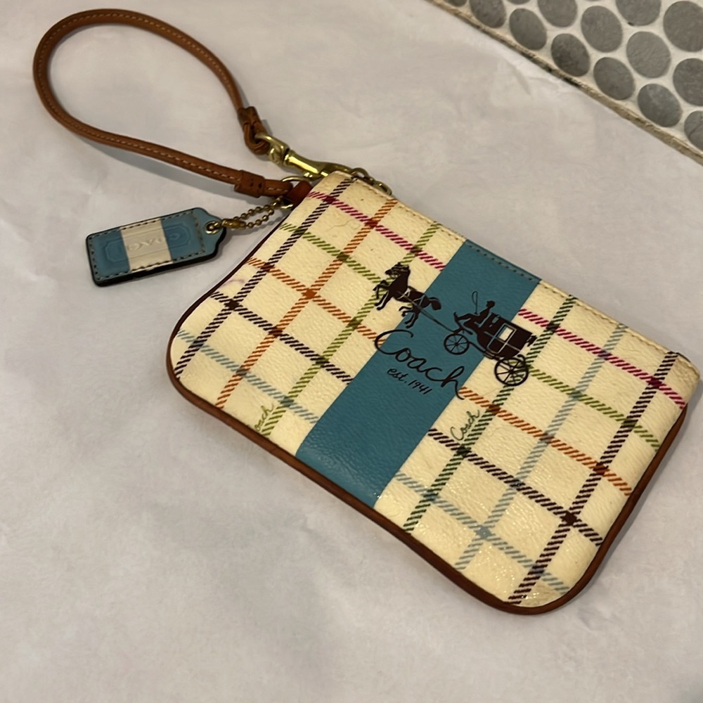 Coach Plaid Wristlet in Cream and Blue